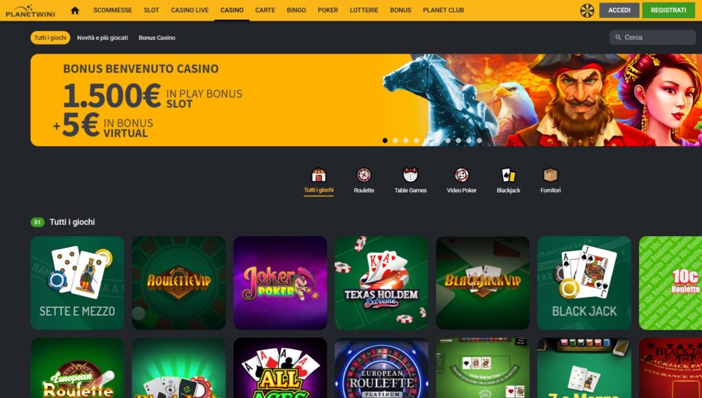 Planetwin presenta una sezione dedicata al casino molto curata e ricca di giochi