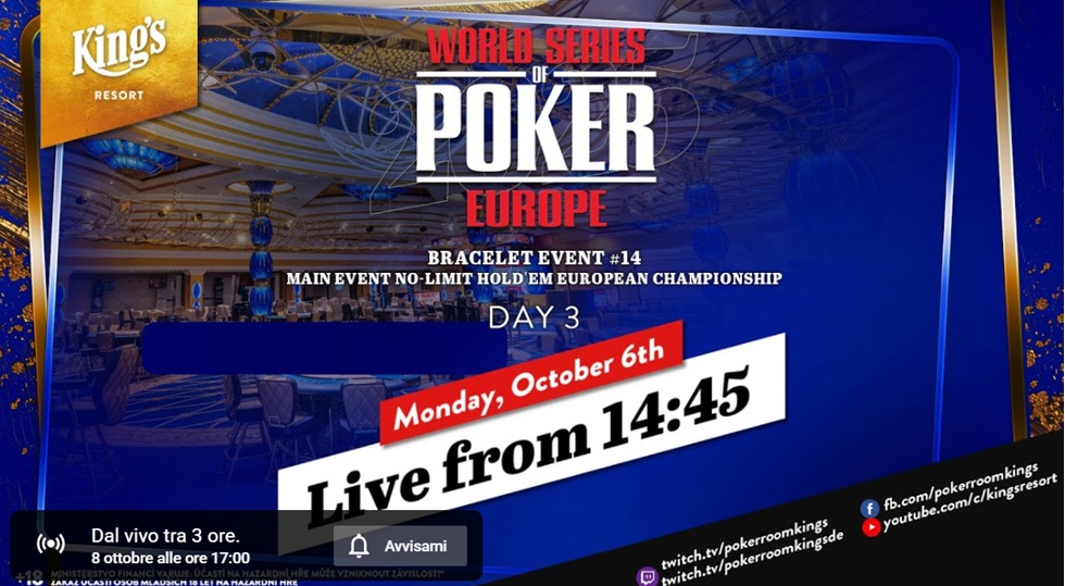 Wsop Europe main event: la diretta streaming del final table al King’s Resort