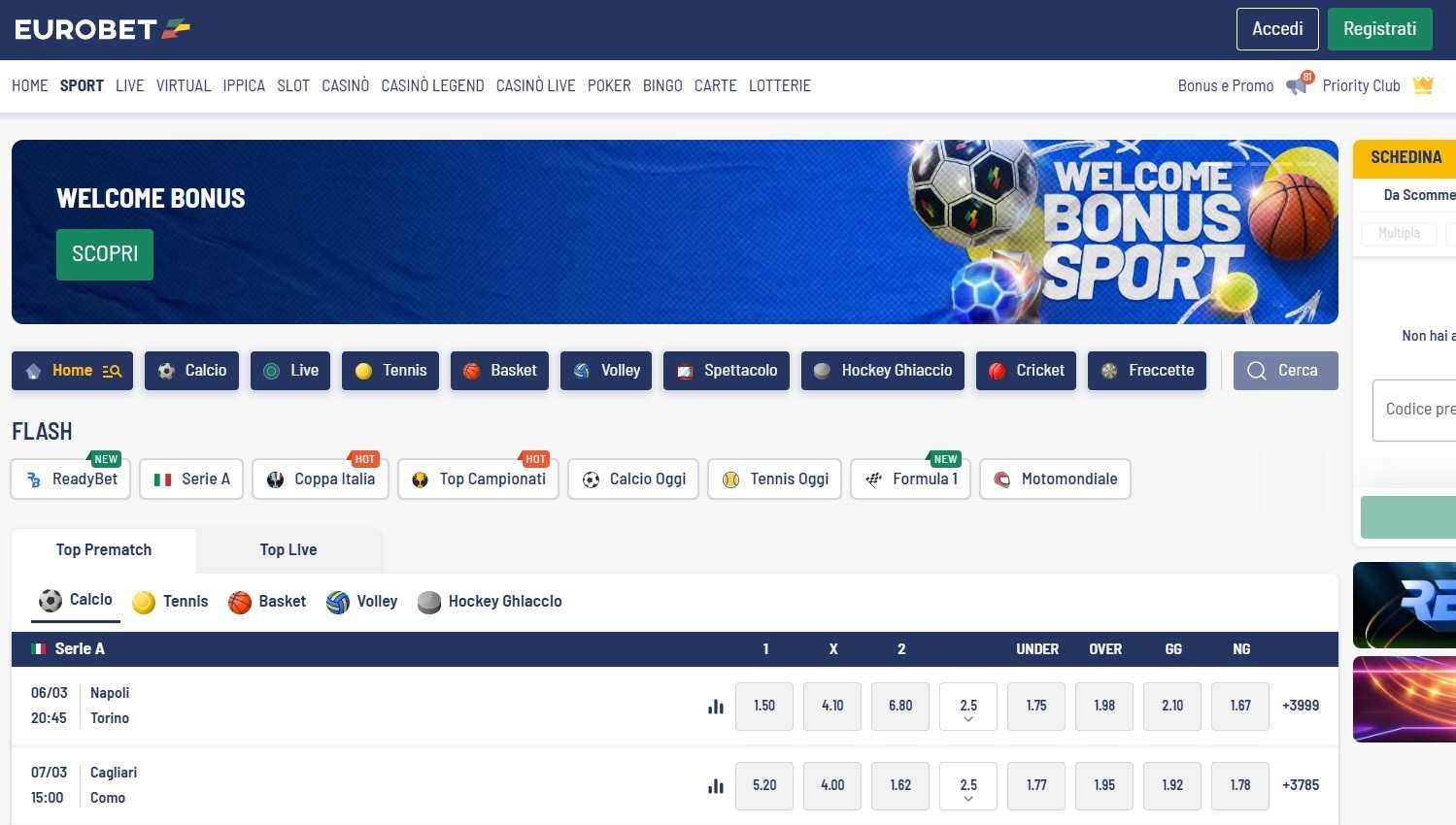 Il bonus benvenuto scommesse di Eurobet è tra i più interessanti del momento