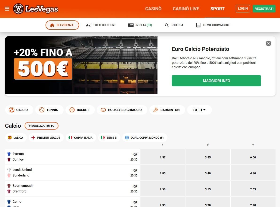 LeoVegas propone degli ottimi incentivi per le puntate sul calcio