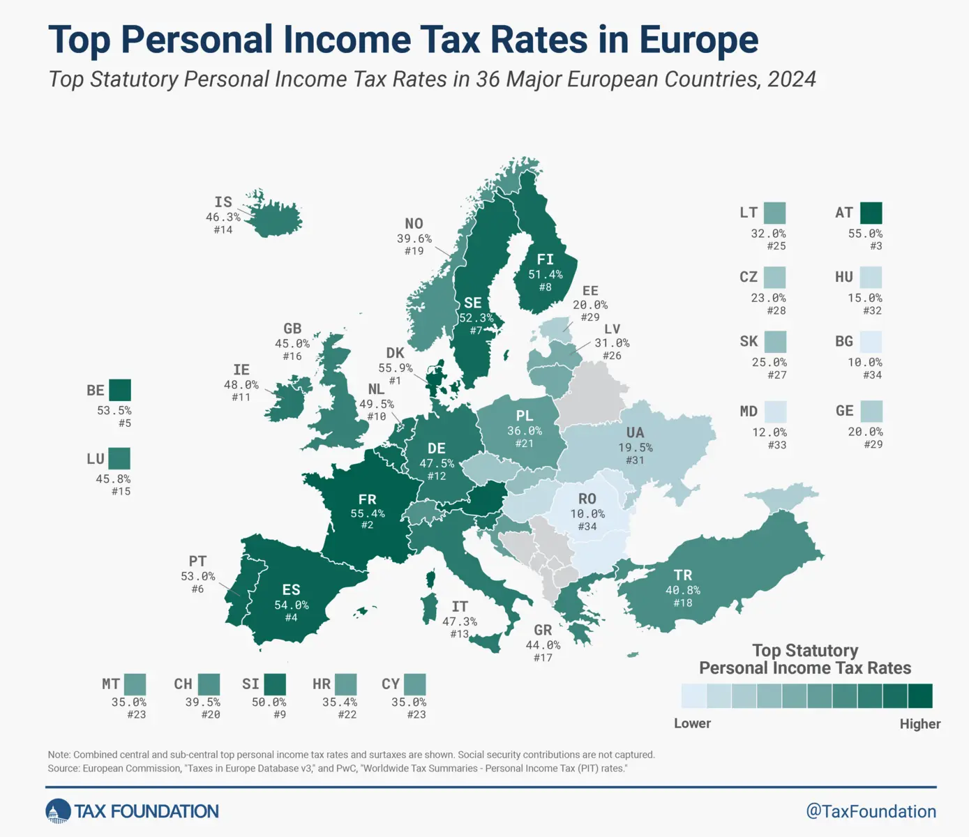 Map of Europe showing top personal income tax rates by country for 2024.