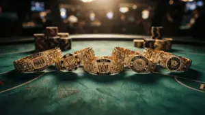 Five gold WSOP bracelets displayed on green poker felt with luxury chips in dramatic lighting