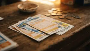 Italian lottery tickets and betting slips on wooden counter with warm lighting and euro coins