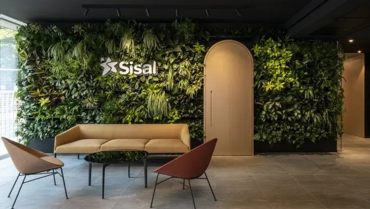 Sisal office lobby with green wall, logo, and stylish furniture.