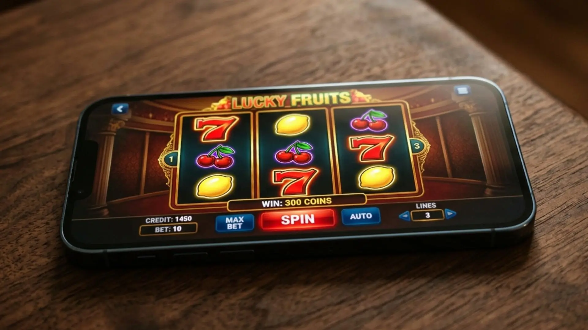 A smartphone displaying a 'Lucky Fruits' slot machine game interface.