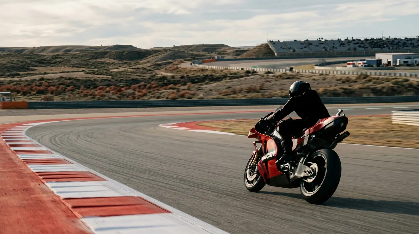 Red Ducati MotoGP bike leaning through a left-hand corner at MotorLand Aragón
