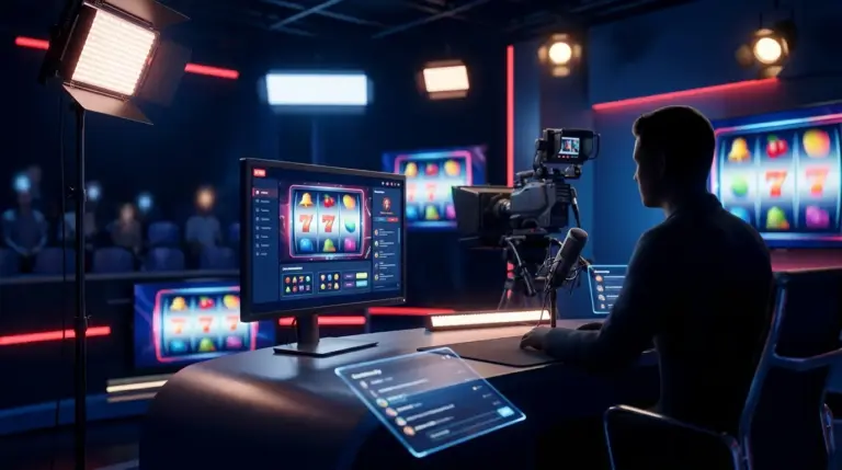 Streaming studio with live casino gameplay screens and a silhouetted presenter