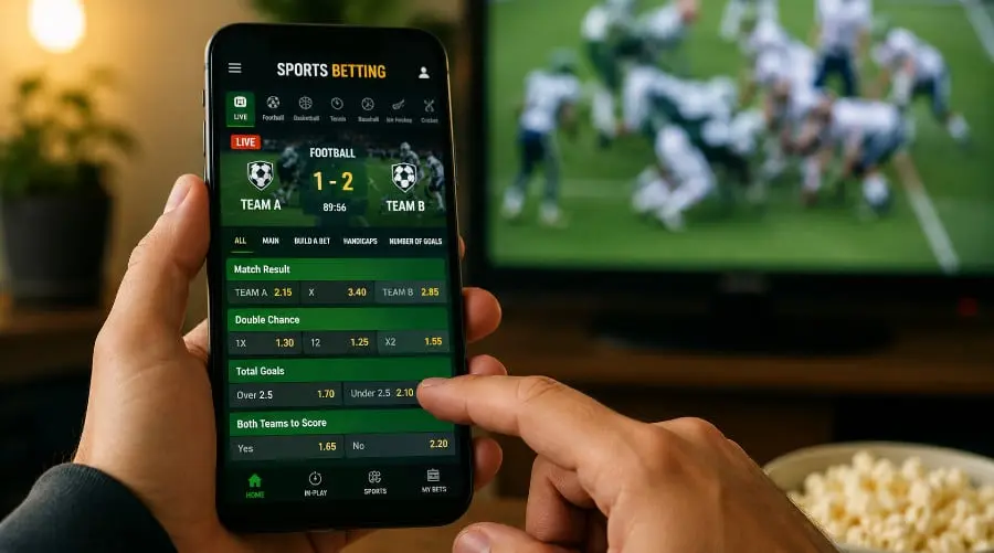 Person using a sports betting app on a smartphone with a football game playing on a TV in the background