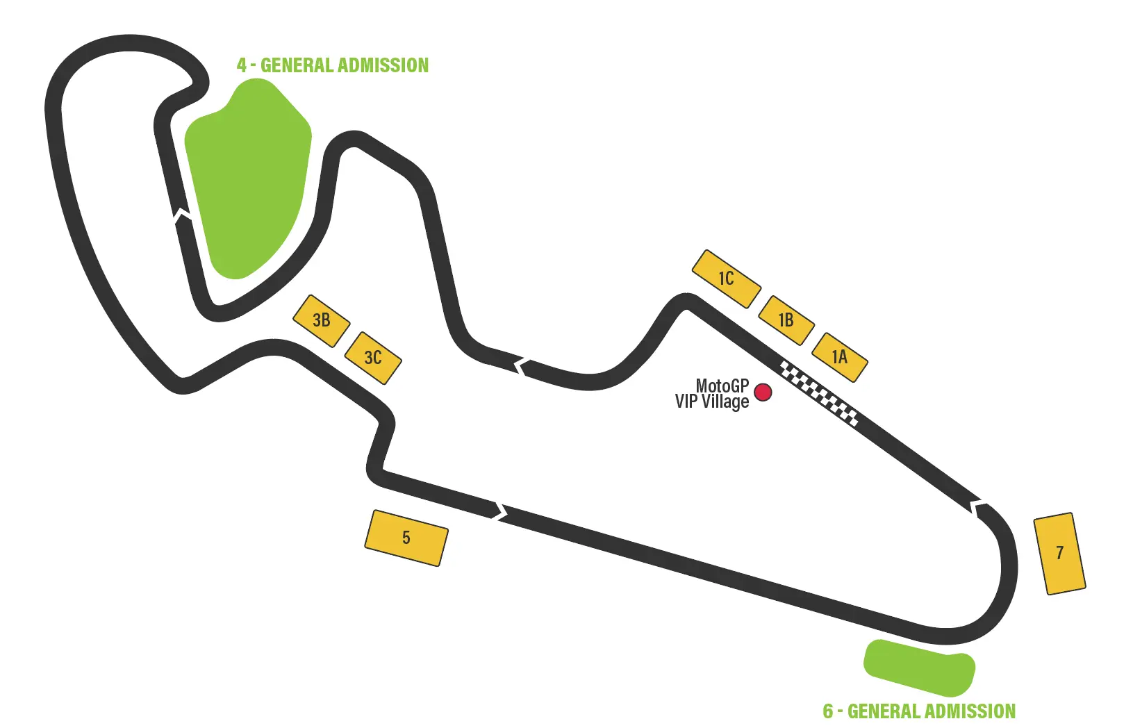 Track layout map of MotorLand Aragon circuit featuring grandstands and MotoGP VIP Village
