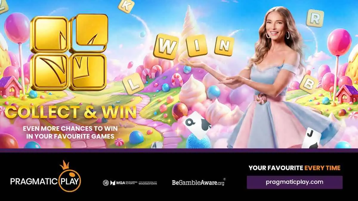 Pragmatic Play Collect and Win promotional banner featuring a woman in a blue dress and candy-themed backgrounds