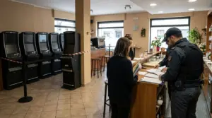 Police inspect a VLT gaming venue in Bergamo province during regulatory checks